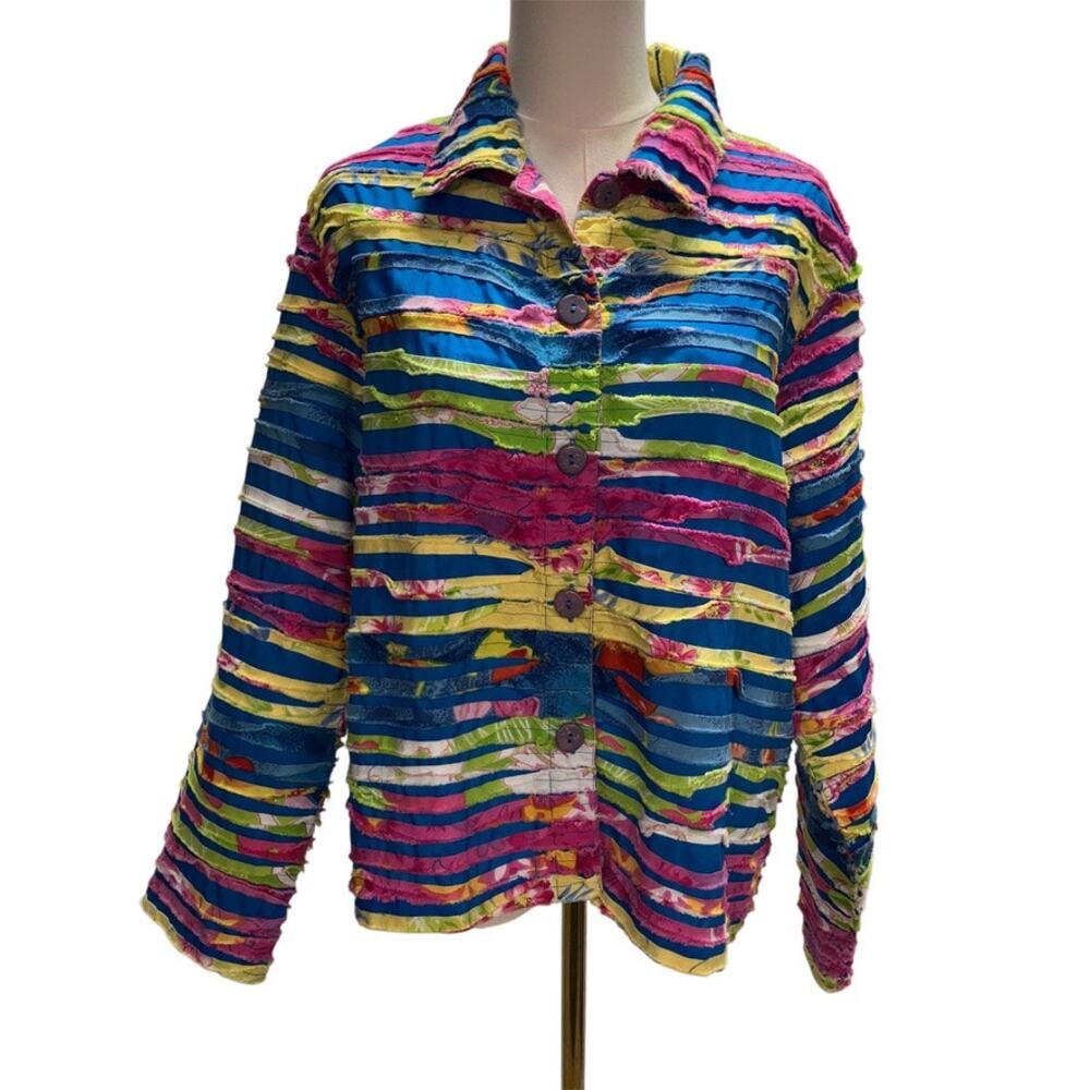 Vintage 90's Keren Hart Rainbow Striped Cotton Jacket Womens Large Bright Artsy